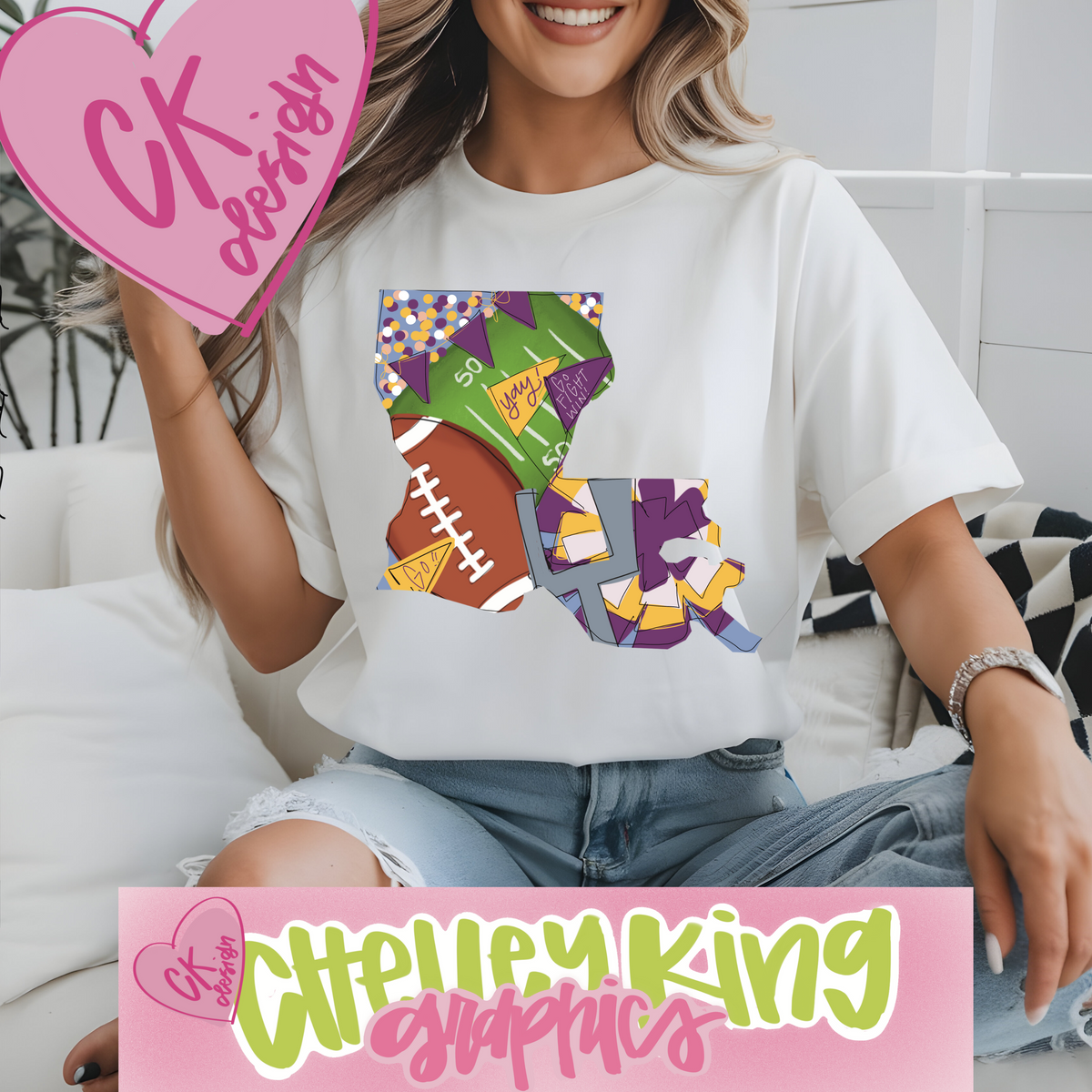 Adorable state of Louisiana team spirit football Purple and gold PNG. Show your love of the game with this hand drawn design full of color and all things ball!
Would you like this custom to your state or team? Please reach out to me at chelley@chelleyking.com! I would love to do one for you!:) LSU