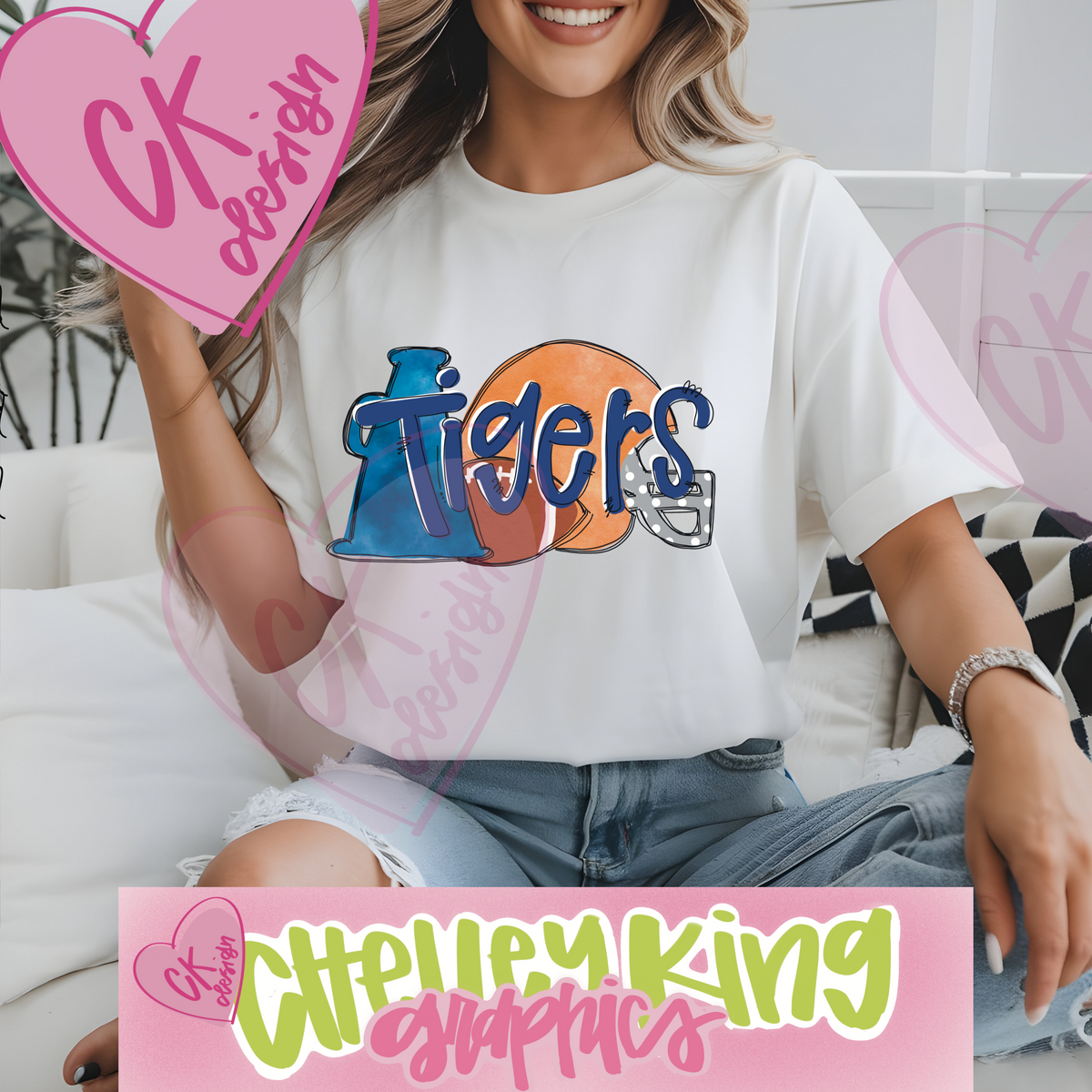 Hand lettered blue and orange football cheer Tigers word art instant digital download PNG