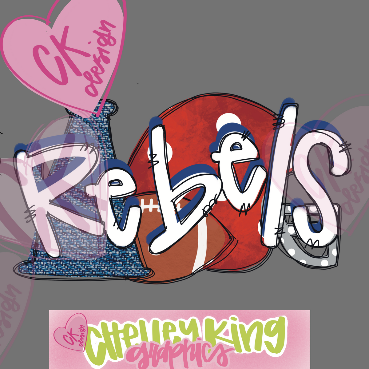 Hand lettered blue and red football cheer Rebel word art instant digital download PNG chelleykingdesigns.com