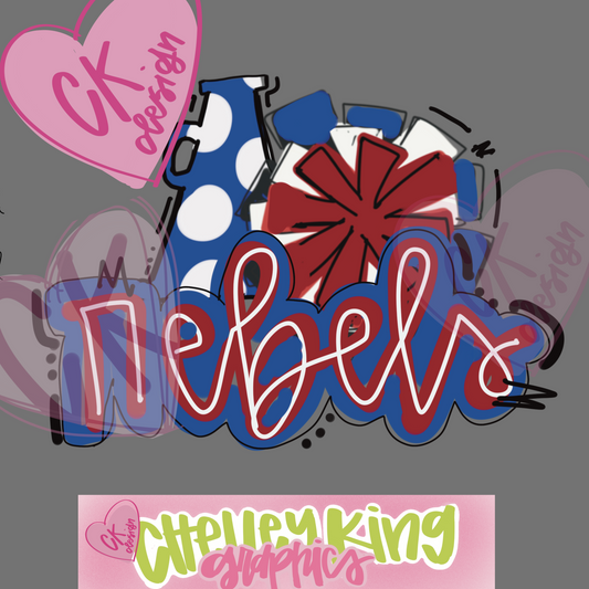 Hand drawn red and blue cheerleading Rebels word art instant digital download PNG for DTGs and More!