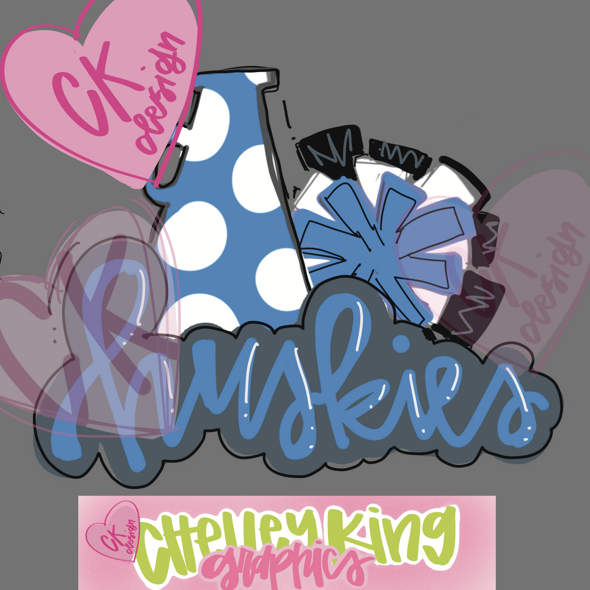 Hand lettered light blue and white Huskies Cheerleading instant digital download PNG for DTG 
