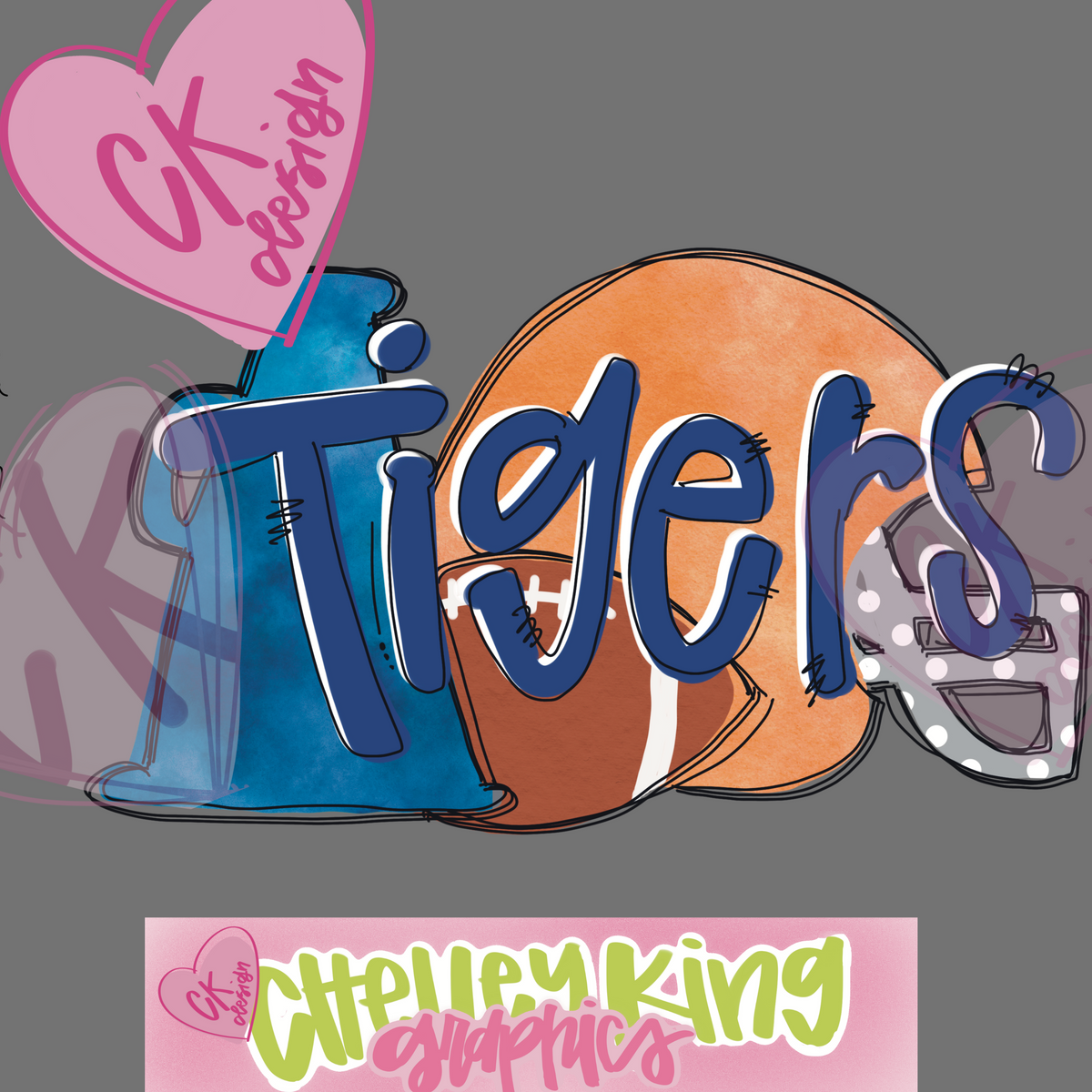 Hand lettered blue and orange football cheer Tigers word art instant digital download PNG 