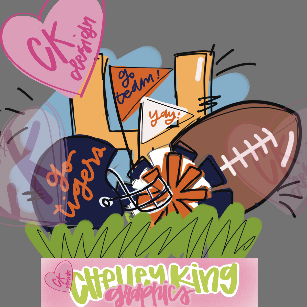 Hand lettered orange and blue football cheer Tigers word art instant digital download PNG 