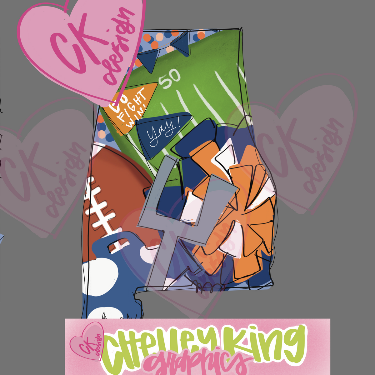 Adorable state of Alabama blue and orange team spirit football PNG.&nbsp; Show your love of the game with this hand drawn design full of color and all things ball!