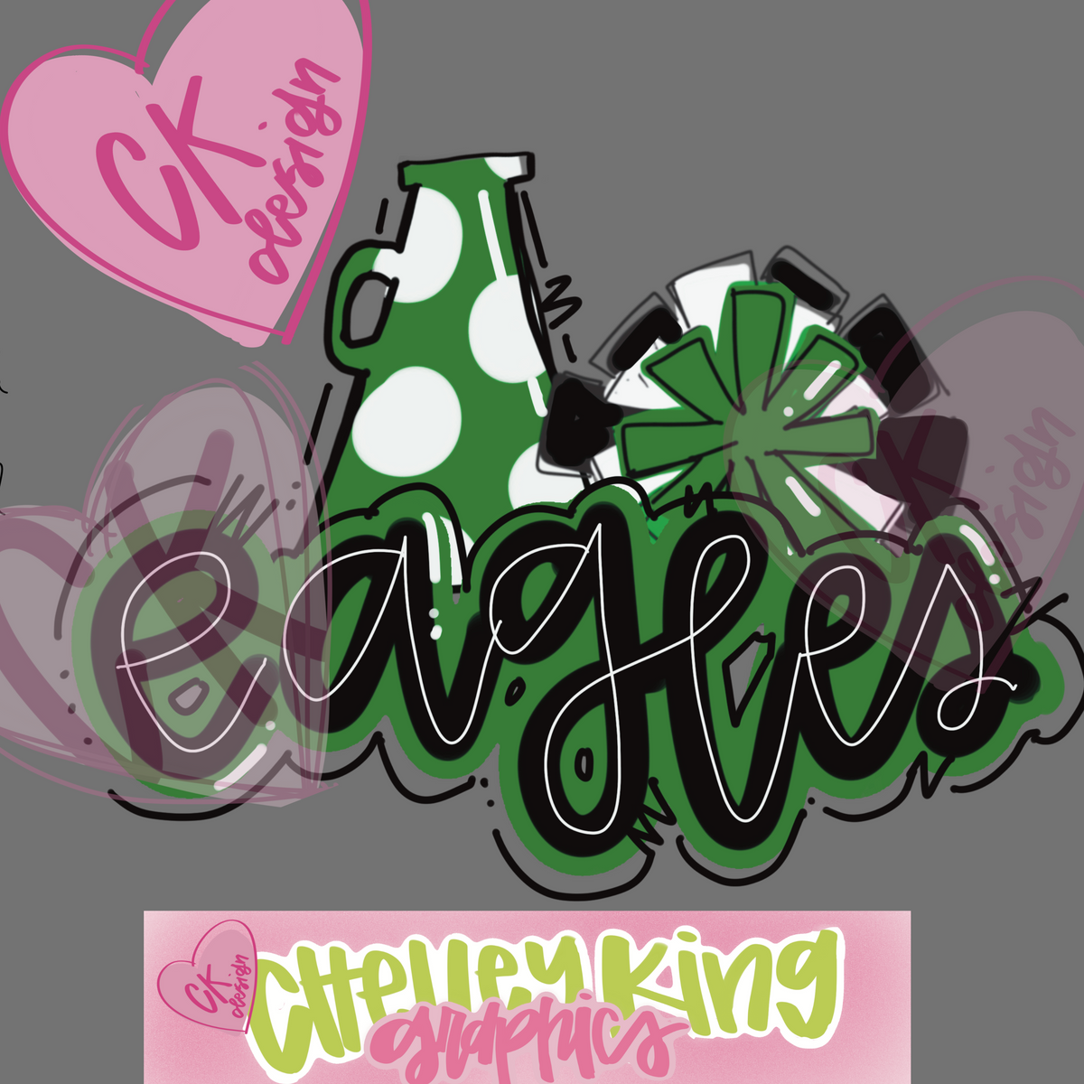 Hand drawn Eagles green and white pom poms cheer instant digital download PNG for dtg and more 