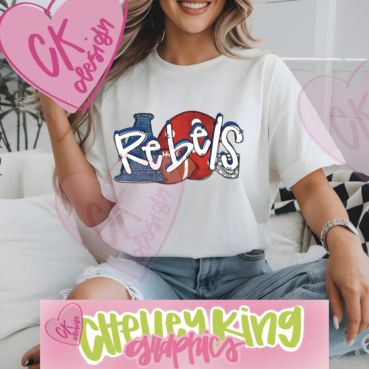 Hand lettered blue and red football cheer Rebel word art instant digital download PNG chelleykingdesigns.com