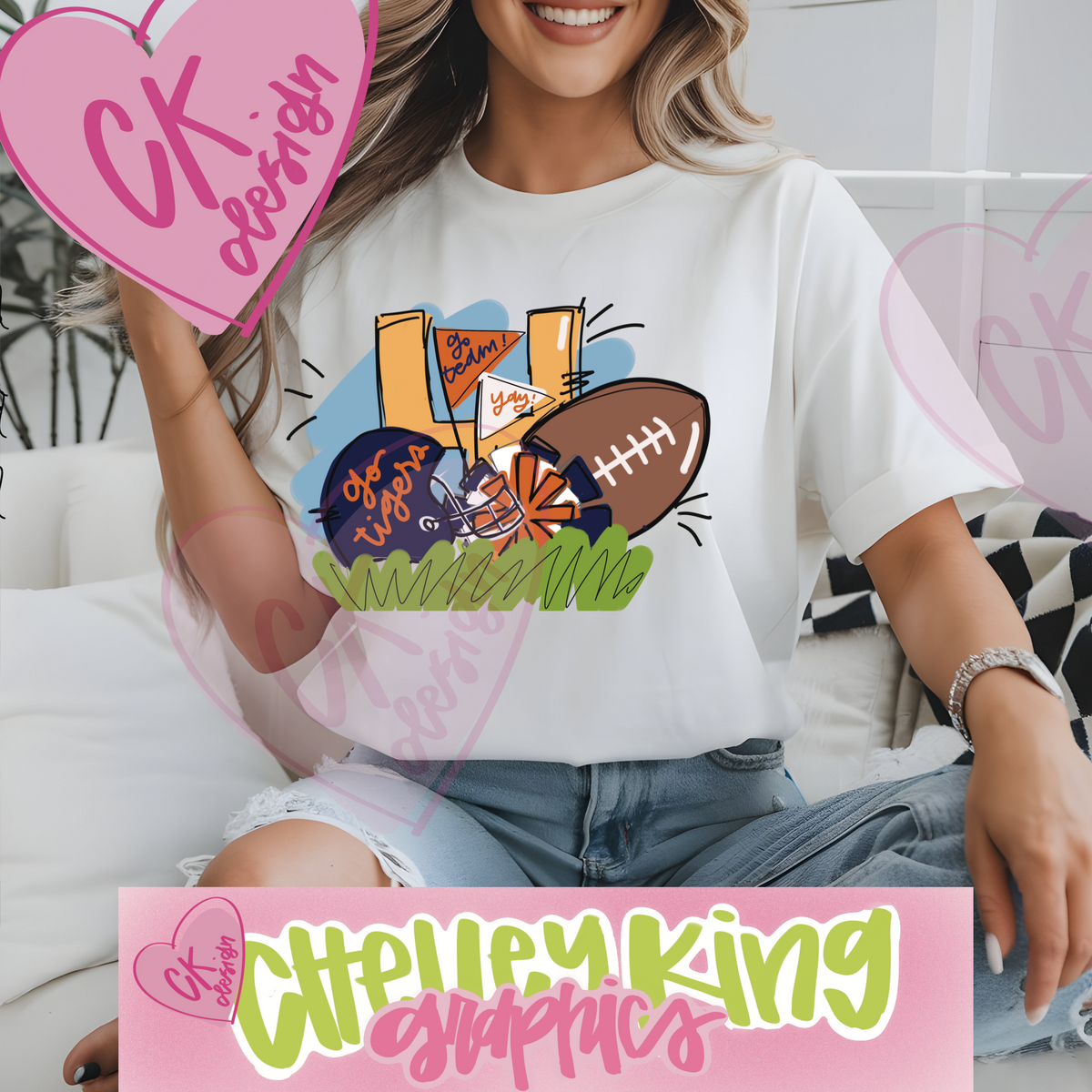 Hand lettered orange and blue football cheer Tigers word art instant digital download PNG 