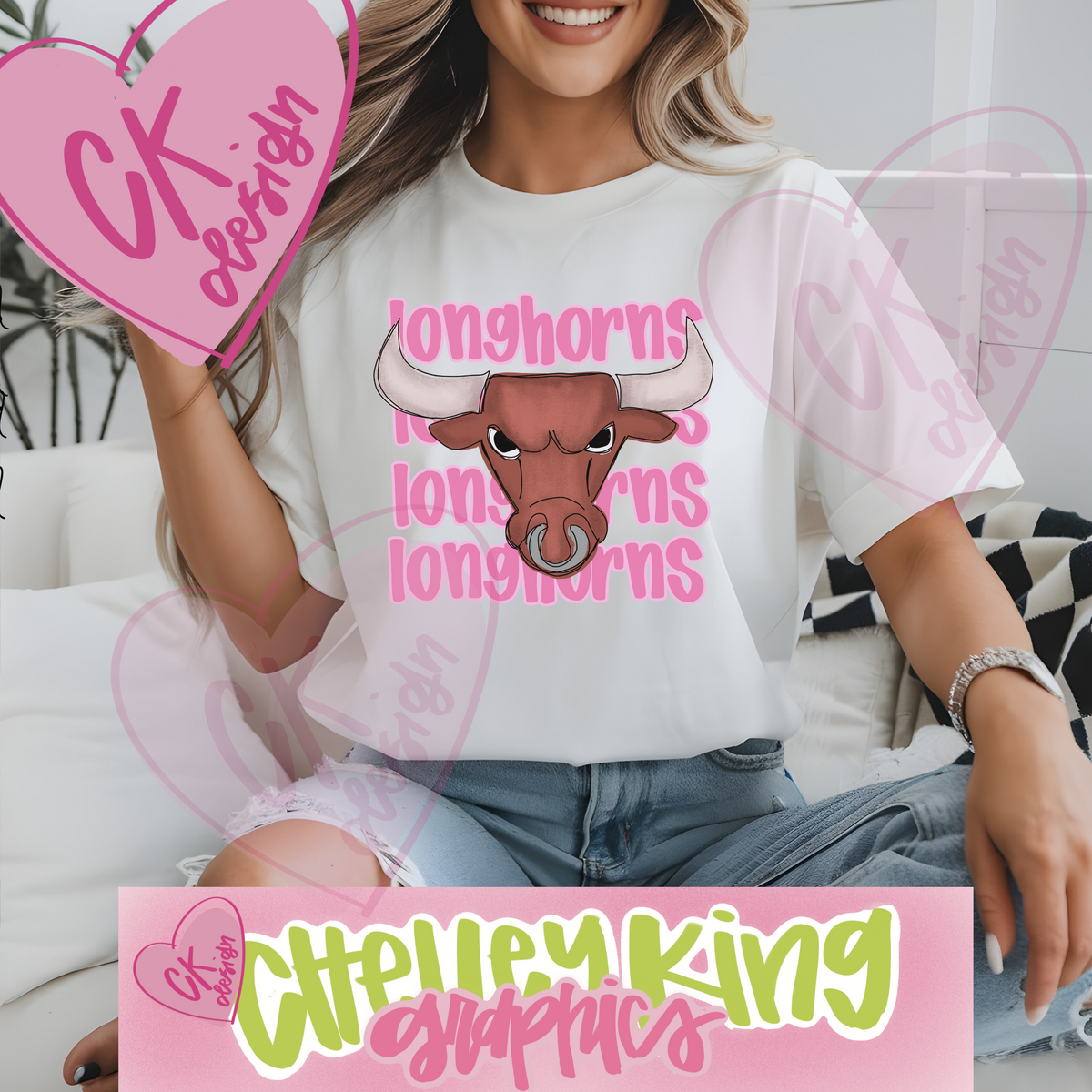 Longhorns Mascot preppy pink out team spirit hand lettered instant digital download PNG for DTG 