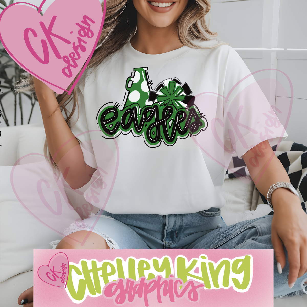 Hand drawn Eagles green and white pom poms cheer instant digital download PNG for dtg and more 