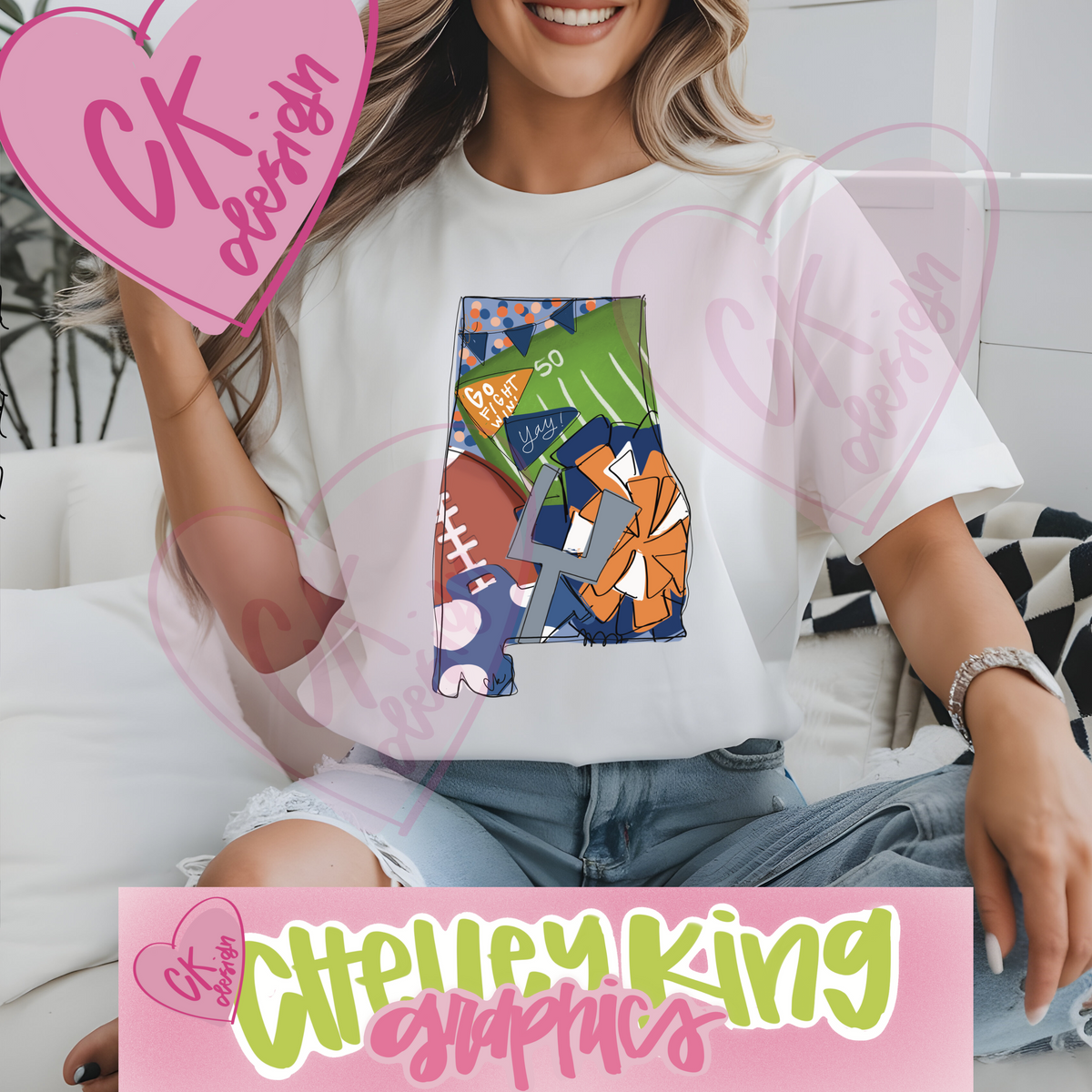 Adorable state of Alabama blue and orange team spirit football PNG.&nbsp; Show your love of the game with this hand drawn design full of color and all things ball!