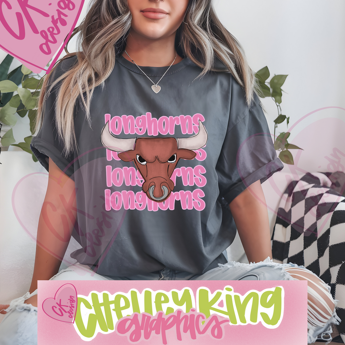 Longhorns Mascot preppy pink out team spirit hand lettered instant digital download PNG for DTG 
