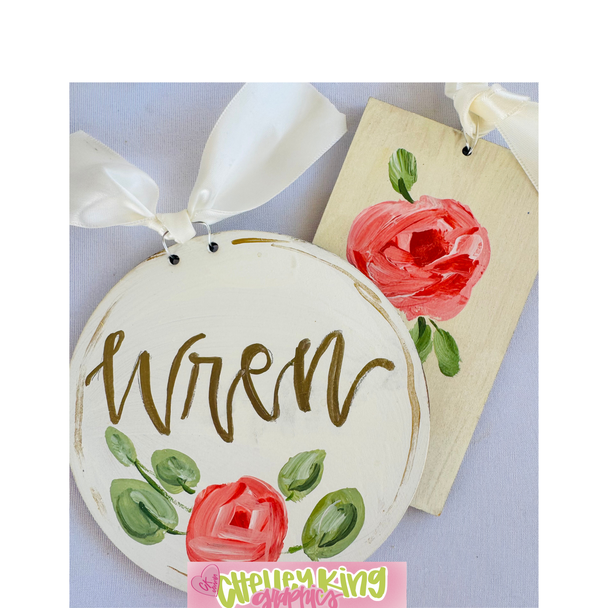 Hand painted and lettered personalized art- &nbsp;Rose Christmas Ornament or gift tag&nbsp;

Approximately 6" ...

Just let us know what you would like it to say, the color bow, and the color writing!:)

Would you like a custom color or design?&nbsp; Please reach out to me at chelley@chelleyking.com!

chelleykingdesigns.com