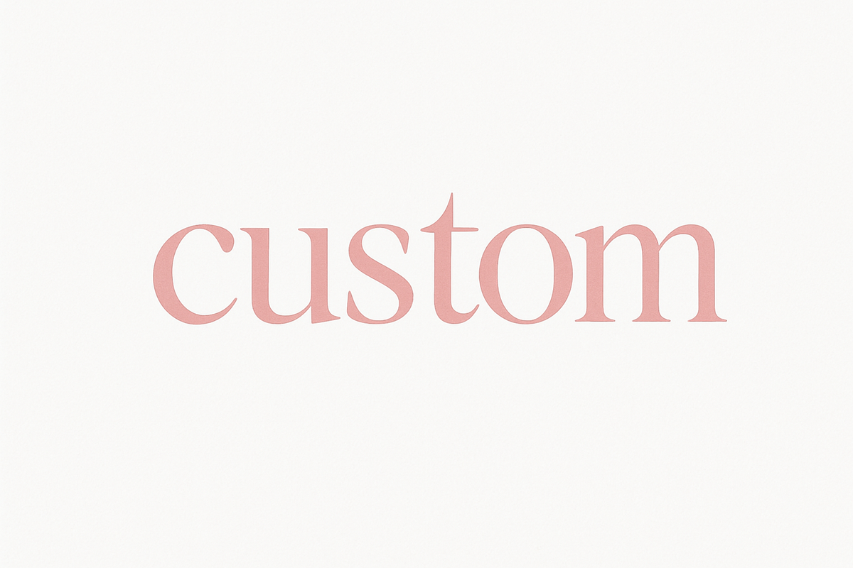 the word 'custom' in a pink font on white background